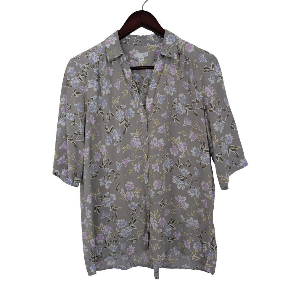 J. Jill Women Gray Floral Rayon Button Down Blouse 3/4 Sleeve Size S RN 97641